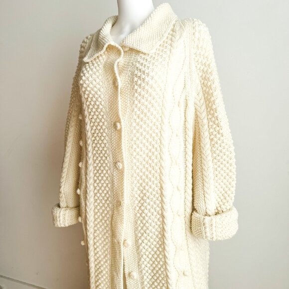 Vintage Ivory Maxi Chunky Cable Knit Sweater Coat XL - Picture 4 of 7